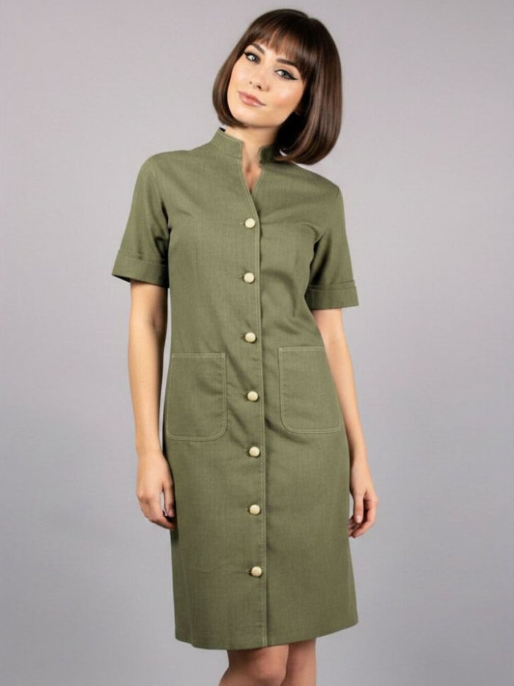 Vintage 60s Kenny Olive Green Shift Dress Button Up Cotton Pockets Mod Midi M 10